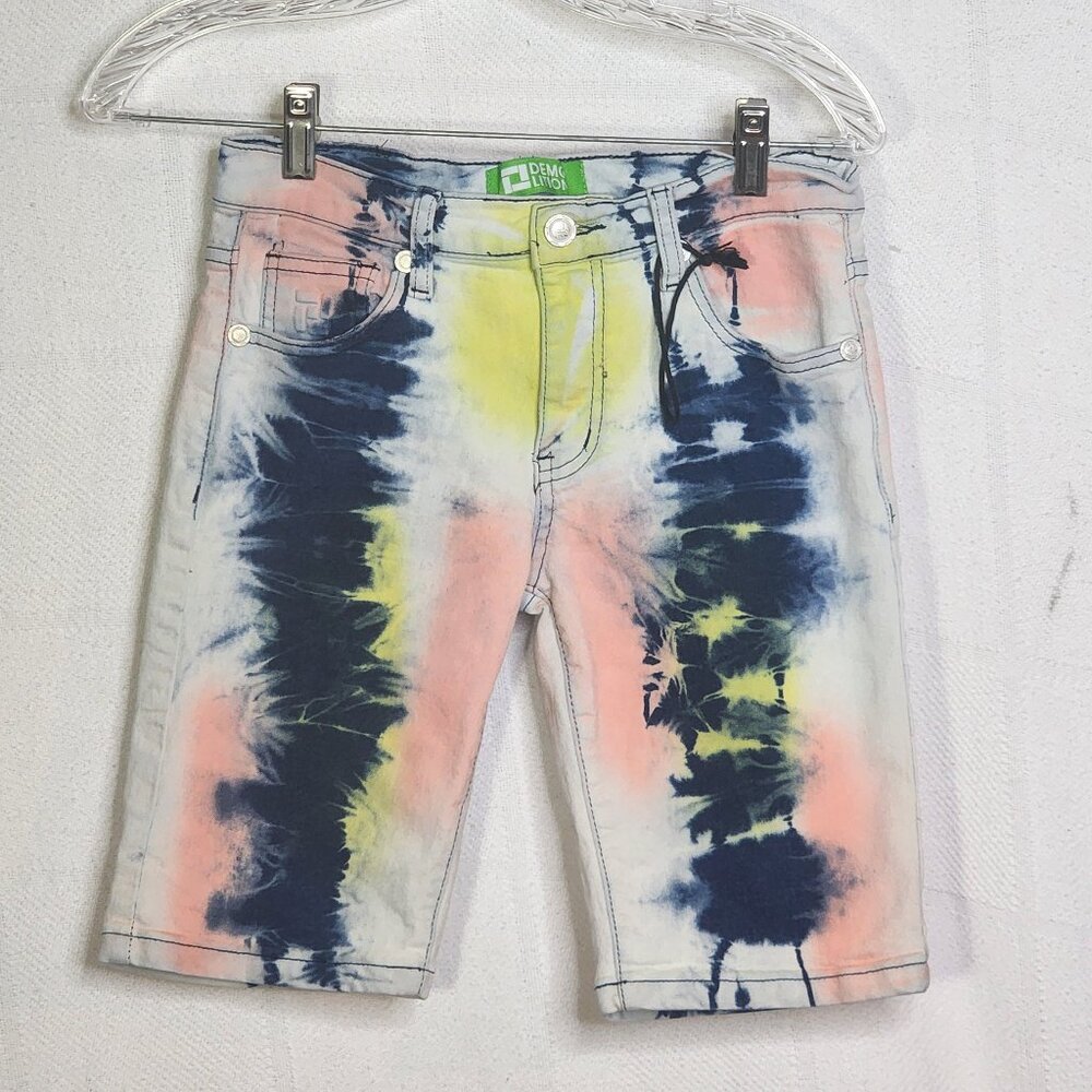 Demolition Acid Wash Tie Dye Pink Blue Yellow Stretch Cotton Denim Shorts Sz 10